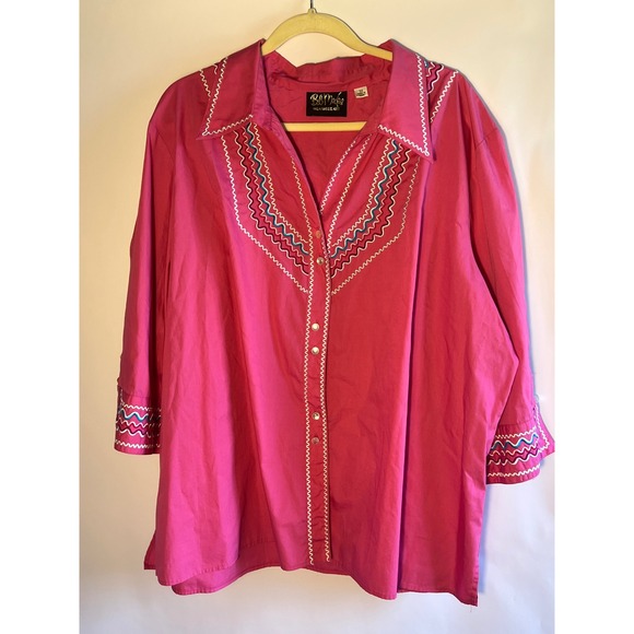 Bob Mackie Wearable Art Tops - Bob Mackie Wearable Art Pink Embroidered Western Rodeo Chic Top 3X Art 2 Wear